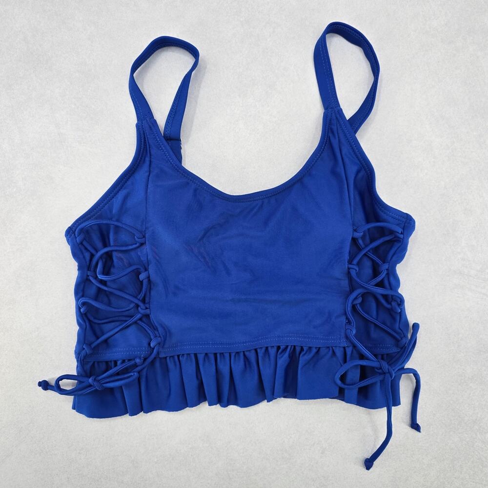 Blue Crisscross Ties‎ Crop Padded Ruffle Beach Bikini Bralette Swim Top S Small